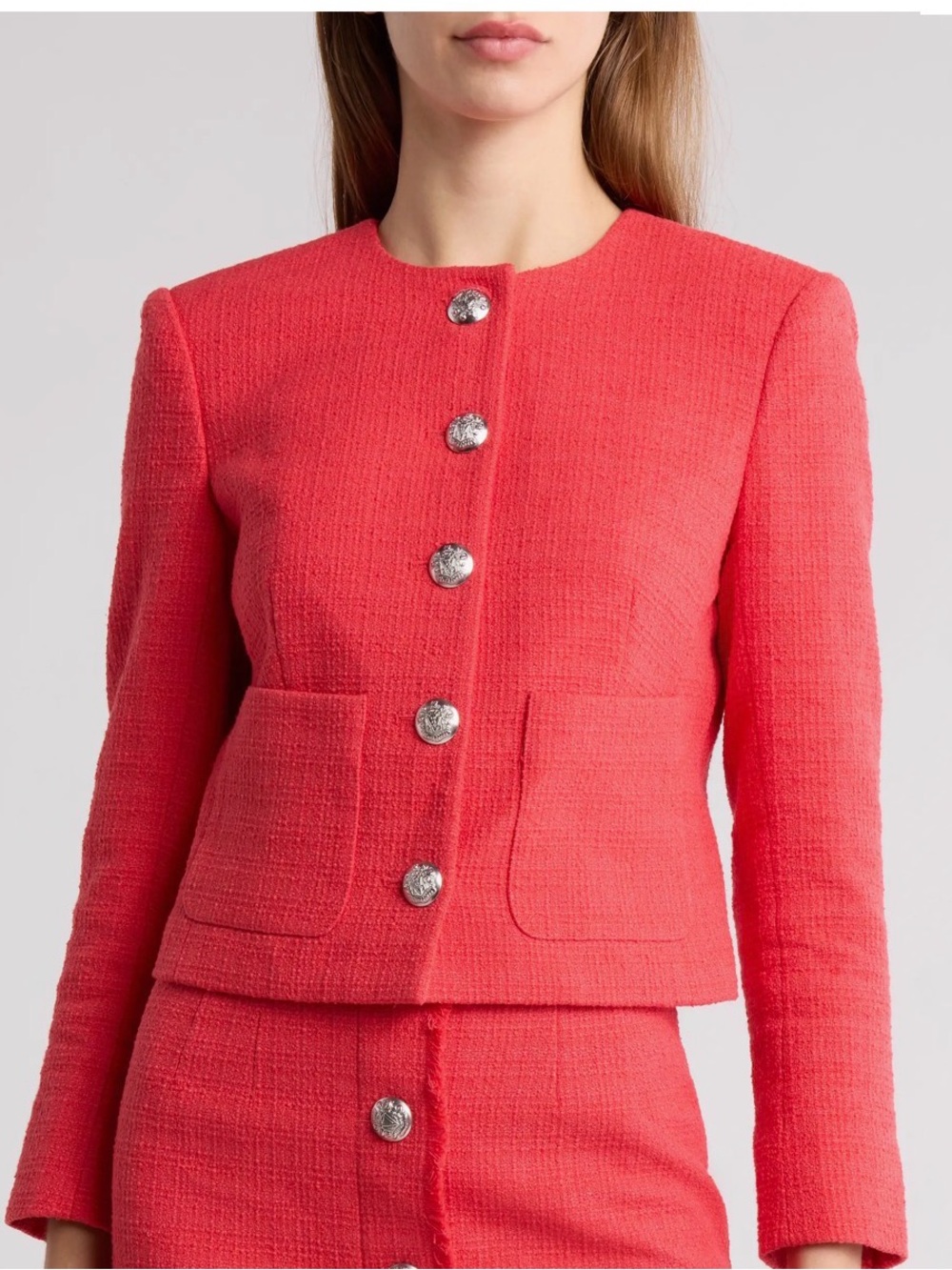 Veronica Beard Coral Tweed Blazer with Silver Buttons